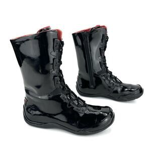 Ahnu Black Flat Winter Boot Size 7.5 Patent Leather Lace-Up Zip Closure Mid-Calf